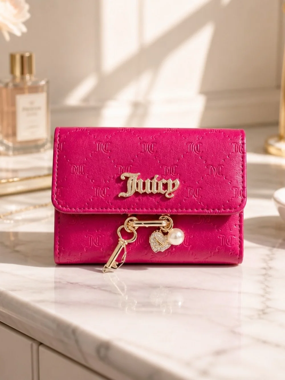 Juicy Couture Hot Pink Satchel Bag & Wallet Set with Charm Chain